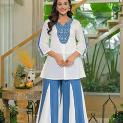 Off-White and Blue Cotton Premium And Elegant Kurta Sets For Women