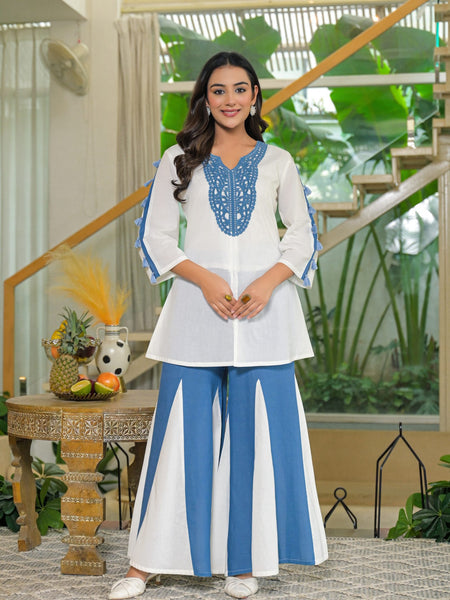 Off-White and Blue Cotton Premium And Elegant Kurta Sets For Women
