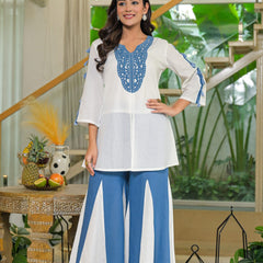 Off-White and Blue Cotton Premium And Elegant Kurta Sets For Women