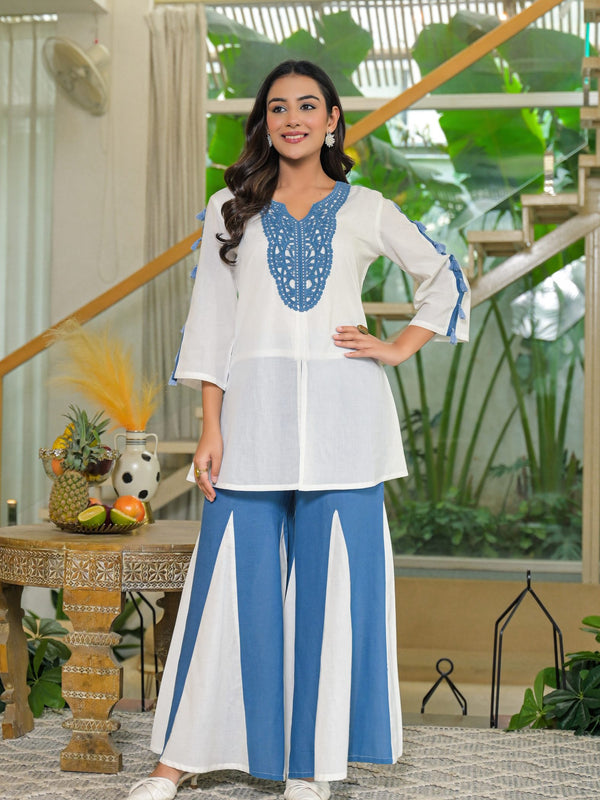 Off-White and Blue Cotton Premium And Elegant Kurta Sets For Women