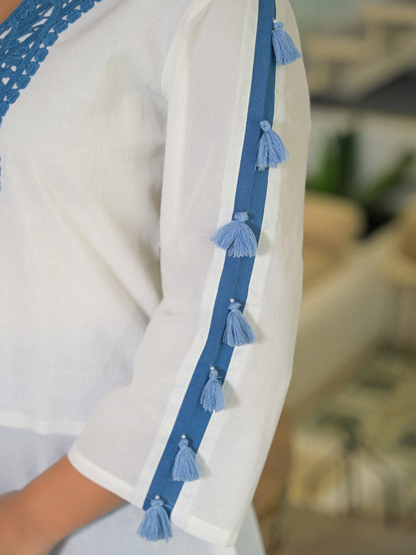 Off-White and Blue Cotton Premium And Elegant Kurta Sets For Women