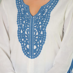 Off-White and Blue Cotton Premium And Elegant Kurta Sets For Women