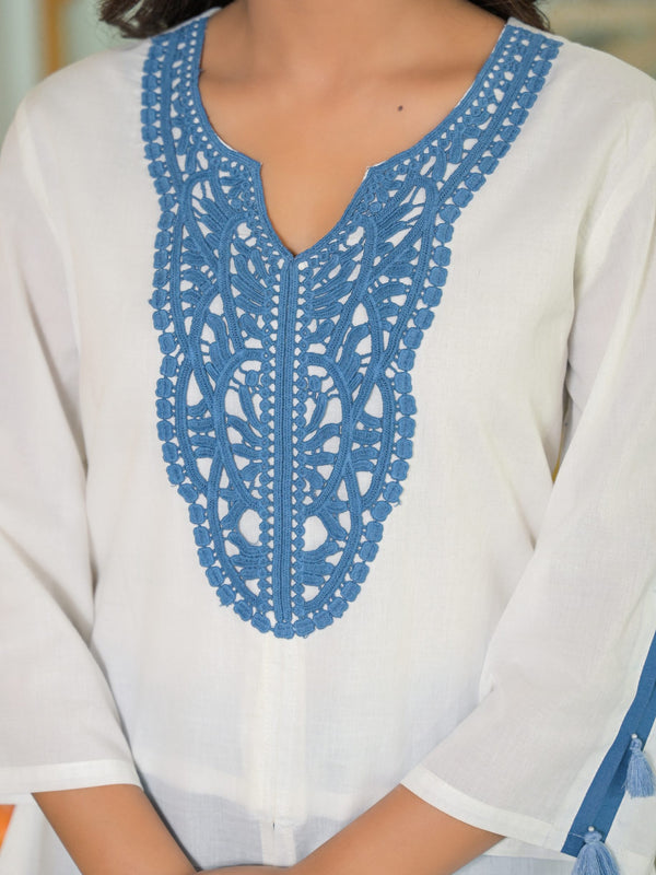 Off-White and Blue Cotton Premium And Elegant Kurta Sets For Women