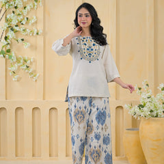 Blue Embroidered Cotton Co-Ord Set with Palazzo