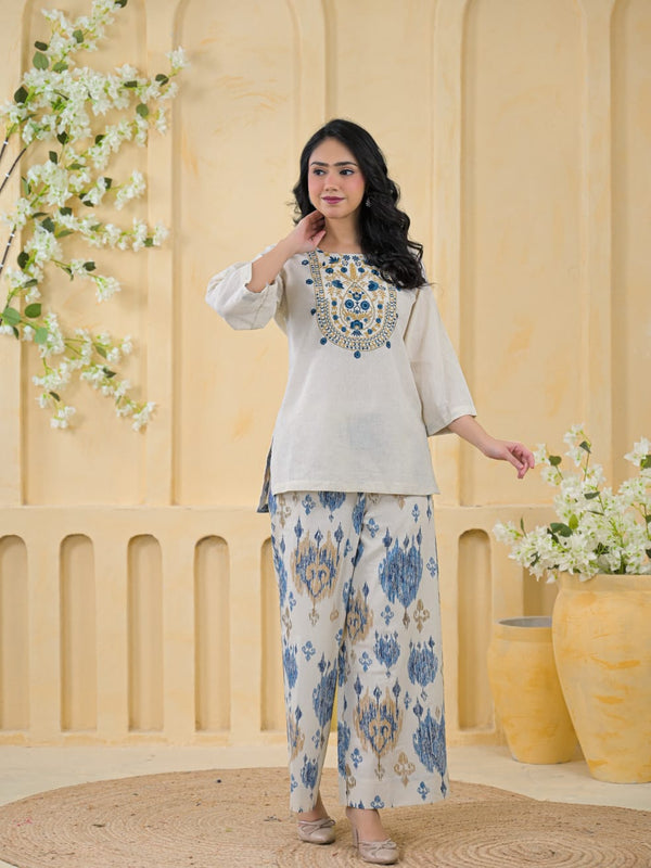 Blue Embroidered Cotton Co-Ord Set with Palazzo