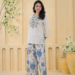 Blue Embroidered Cotton Co-Ord Set with Palazzo