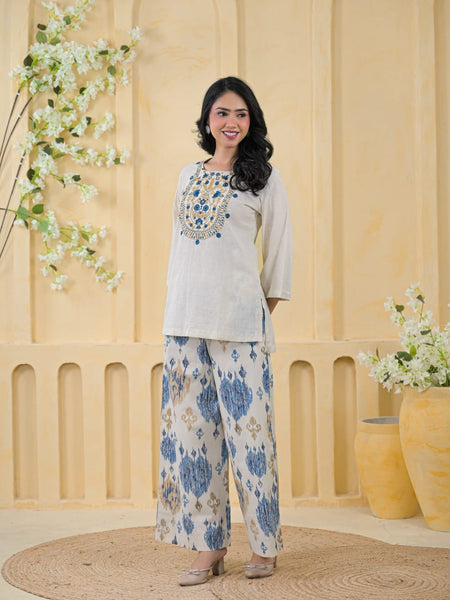 Blue Embroidered Cotton Co-Ord Set with Palazzo