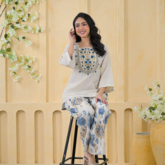 Blue Embroidered Cotton Co-Ord Set with Palazzo