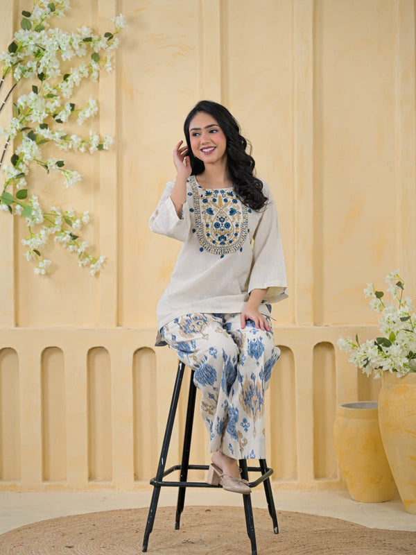 Blue Embroidered Cotton Co-Ord Set with Palazzo