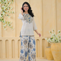 Blue Embroidered Cotton Co-Ord Set with Palazzo