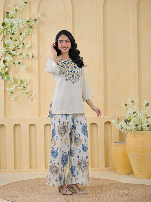 Blue Embroidered Cotton Co-Ord Set with Palazzo