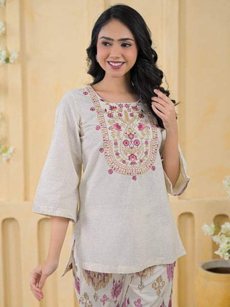 Pink Embroidered Cotton Co-Ord Set with Palazzo