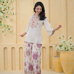 Pink Embroidered Cotton Co-Ord Set with Palazzo