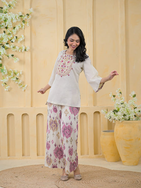 Pink Embroidered Cotton Co-Ord Set with Palazzo