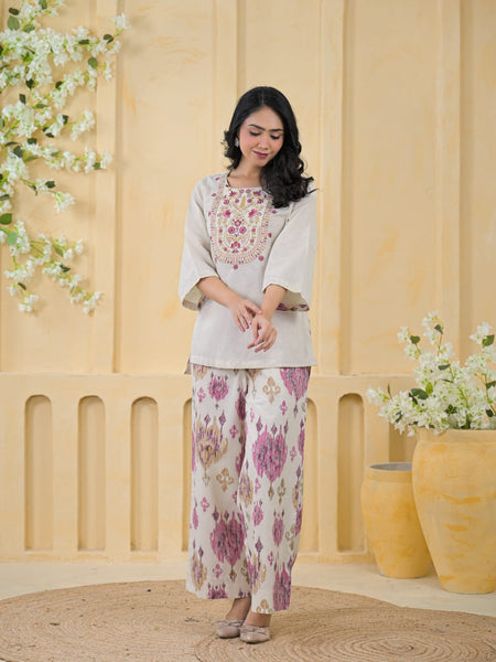 Pink Embroidered Cotton Co-Ord Set with Palazzo