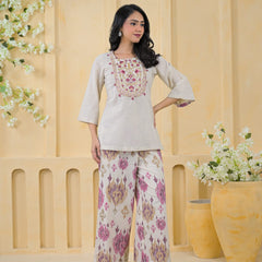 Pink Embroidered Cotton Co-Ord Set with Palazzo