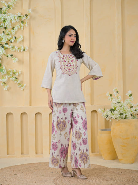 Pink Embroidered Cotton Co-Ord Set with Palazzo