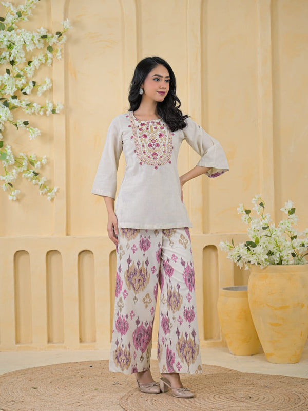 Pink Embroidered Cotton Co-Ord Set with Palazzo