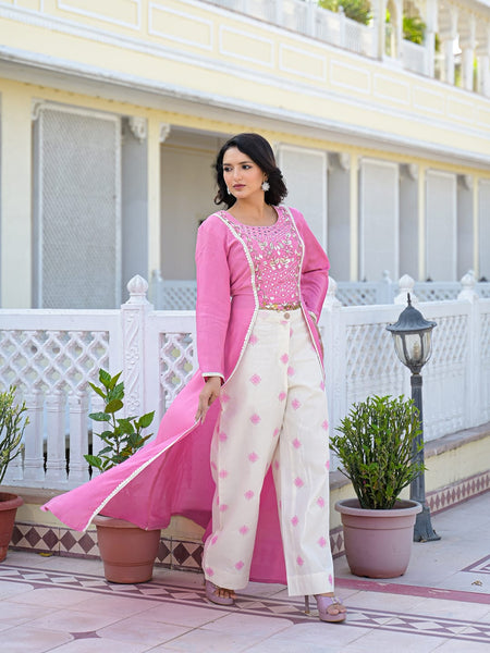 Pink Embroidered High-Low Kurta Set with Palazzo