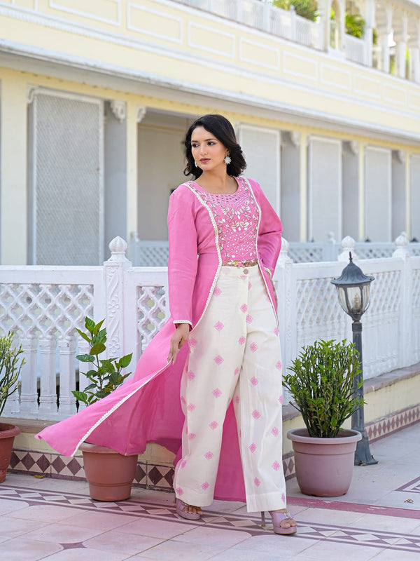 Pink Embroidered High-Low Kurta Set with Palazzo