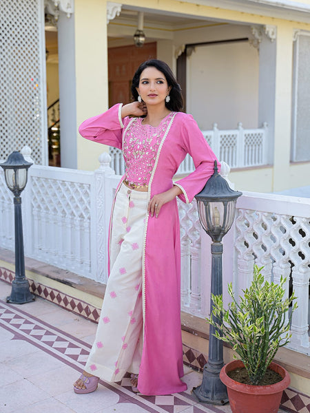 Pink Embroidered High-Low Kurta Set with Palazzo