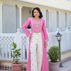 Pink Embroidered High-Low Kurta Set with Palazzo