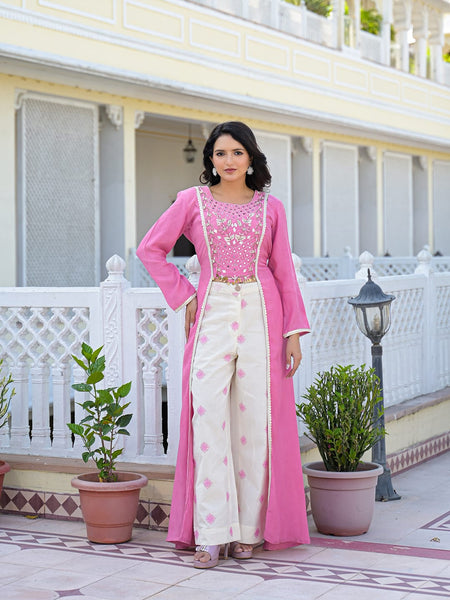 Pink Embroidered High-Low Kurta Set with Palazzo