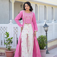 Pink Embroidered High-Low Kurta Set with Palazzo