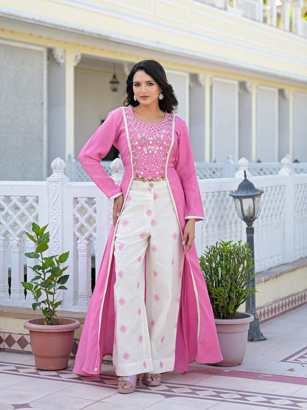 Pink Embroidered High-Low Kurta Set with Palazzo