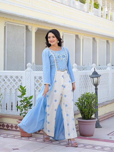 Sky Blue Embroidered High-Low Kurta Set with Palazzo