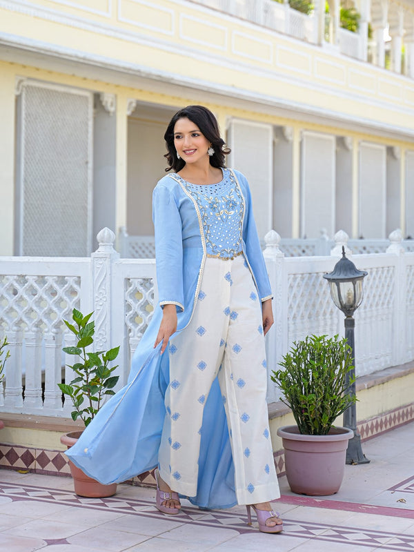 Sky Blue Embroidered High-Low Kurta Set with Palazzo
