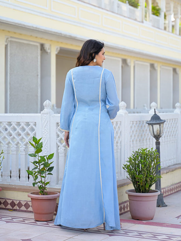 Sky Blue Embroidered High-Low Kurta Set with Palazzo