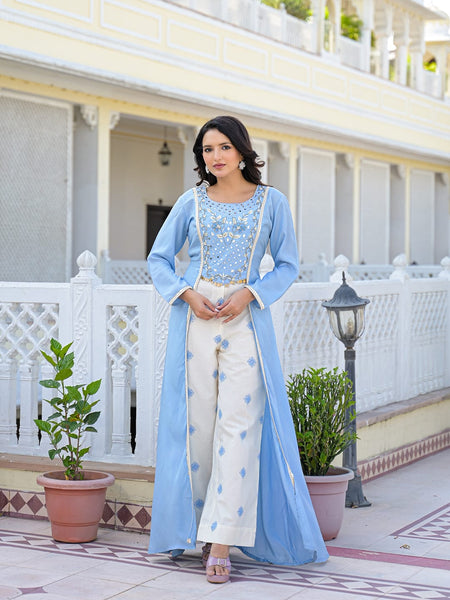 Sky Blue Embroidered High-Low Kurta Set with Palazzo