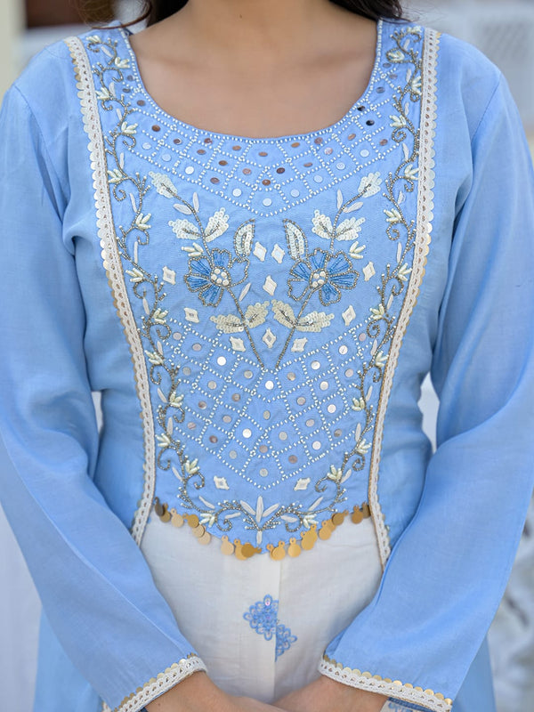 Sky Blue Embroidered High-Low Kurta Set with Palazzo