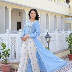 Sky Blue Embroidered High-Low Kurta Set with Palazzo