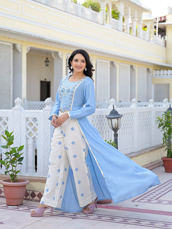 Sky Blue Embroidered High-Low Kurta Set with Palazzo