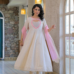 Pink white-cotton- schiffly premium-and-elegant-kurta-sets-for-women