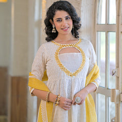 Yellow white-cotton- schiffly premium-and-elegant-kurta-sets-for-women