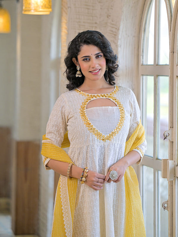 Yellow white-cotton- schiffly premium-and-elegant-kurta-sets-for-women