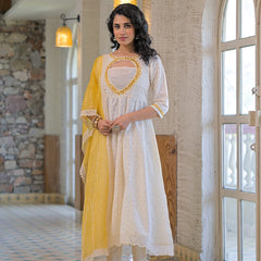Yellow white-cotton- schiffly premium-and-elegant-kurta-sets-for-women