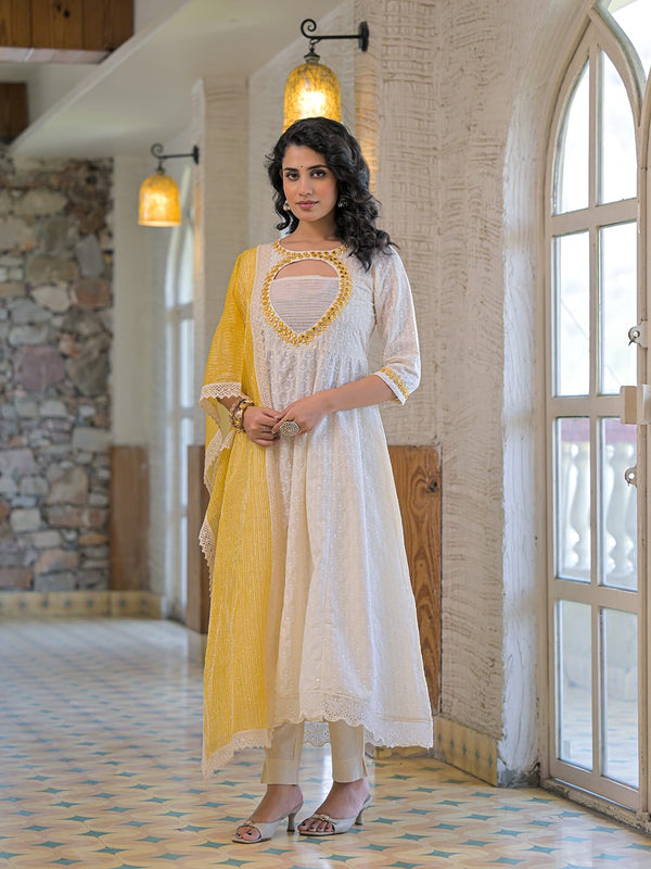 Yellow white-cotton- schiffly premium-and-elegant-kurta-sets-for-women