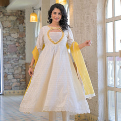 Yellow white-cotton- schiffly premium-and-elegant-kurta-sets-for-women