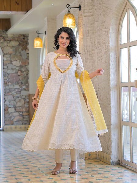 Yellow white-cotton- schiffly premium-and-elegant-kurta-sets-for-women