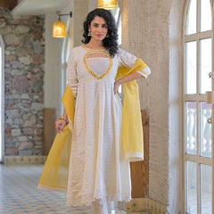 Yellow white-cotton- schiffly premium-and-elegant-kurta-sets-for-women