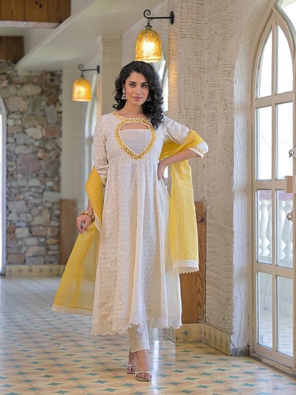 Yellow white-cotton- schiffly premium-and-elegant-kurta-sets-for-women