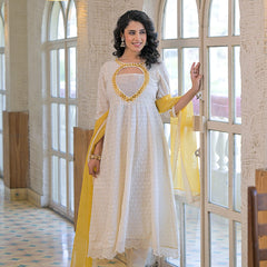 Yellow white-cotton- schiffly premium-and-elegant-kurta-sets-for-women