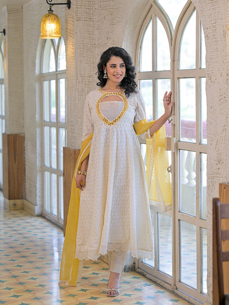 Yellow white-cotton- schiffly premium-and-elegant-kurta-sets-for-women