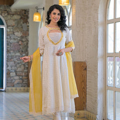Yellow white-cotton- schiffly premium-and-elegant-kurta-sets-for-women