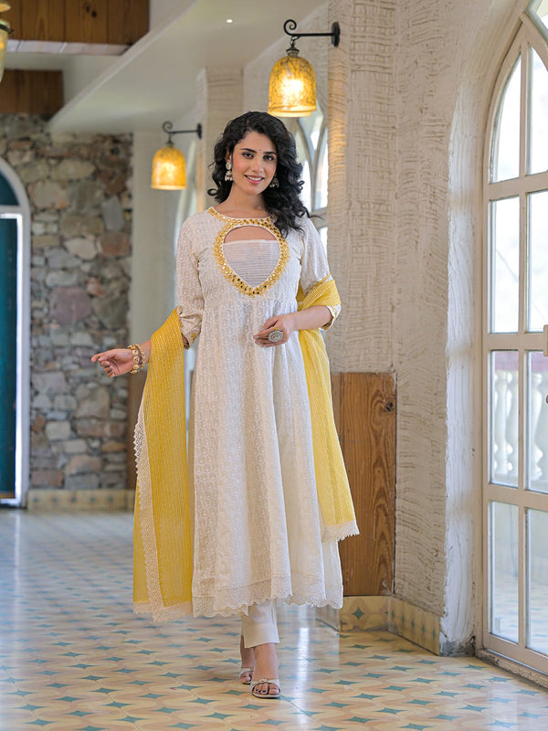 Yellow white-cotton- schiffly premium-and-elegant-kurta-sets-for-women