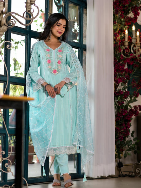 Sea Green Cotton Premium And Elegant Kurta Sets For Women
